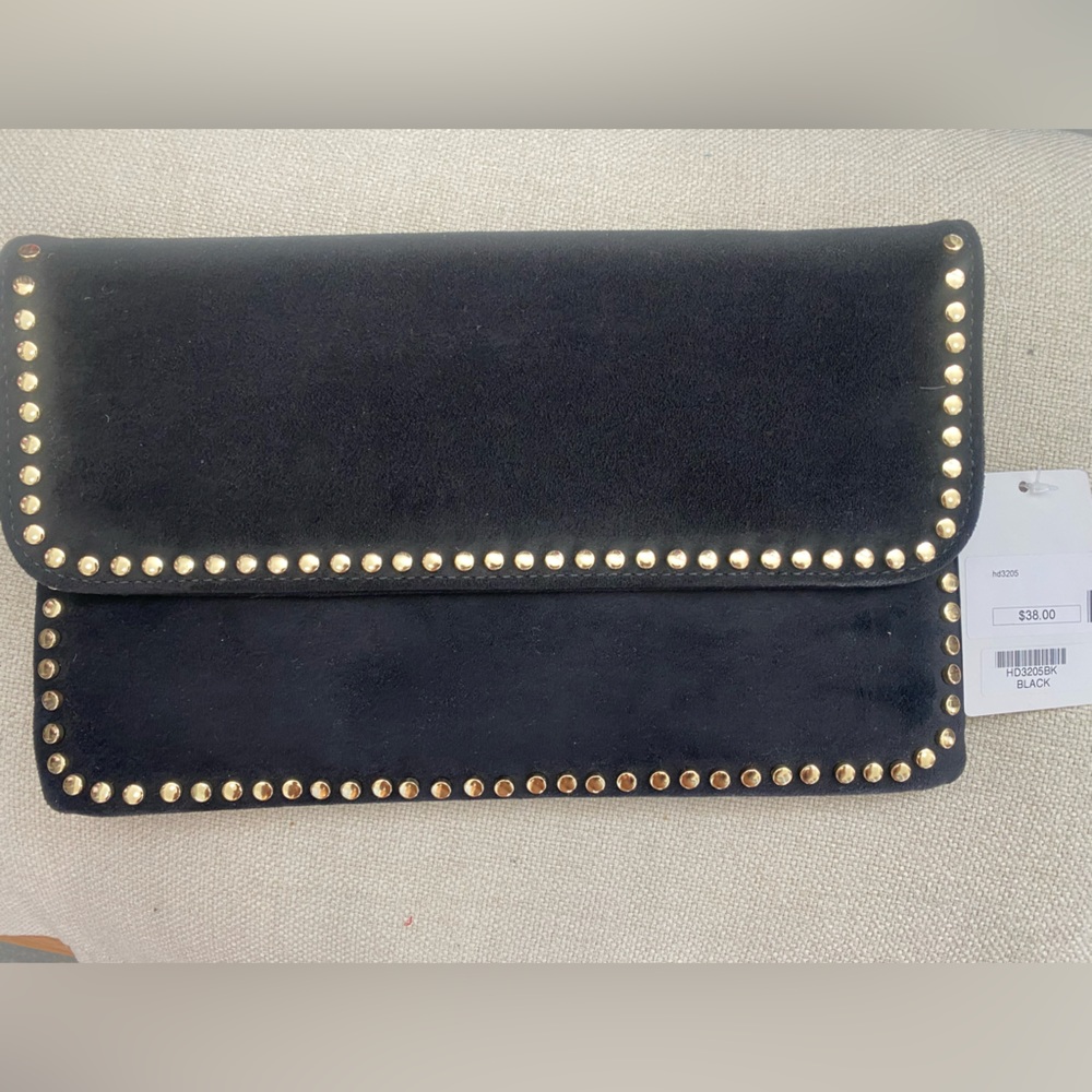BRAND NEW- Black suede clutch with good detail.
